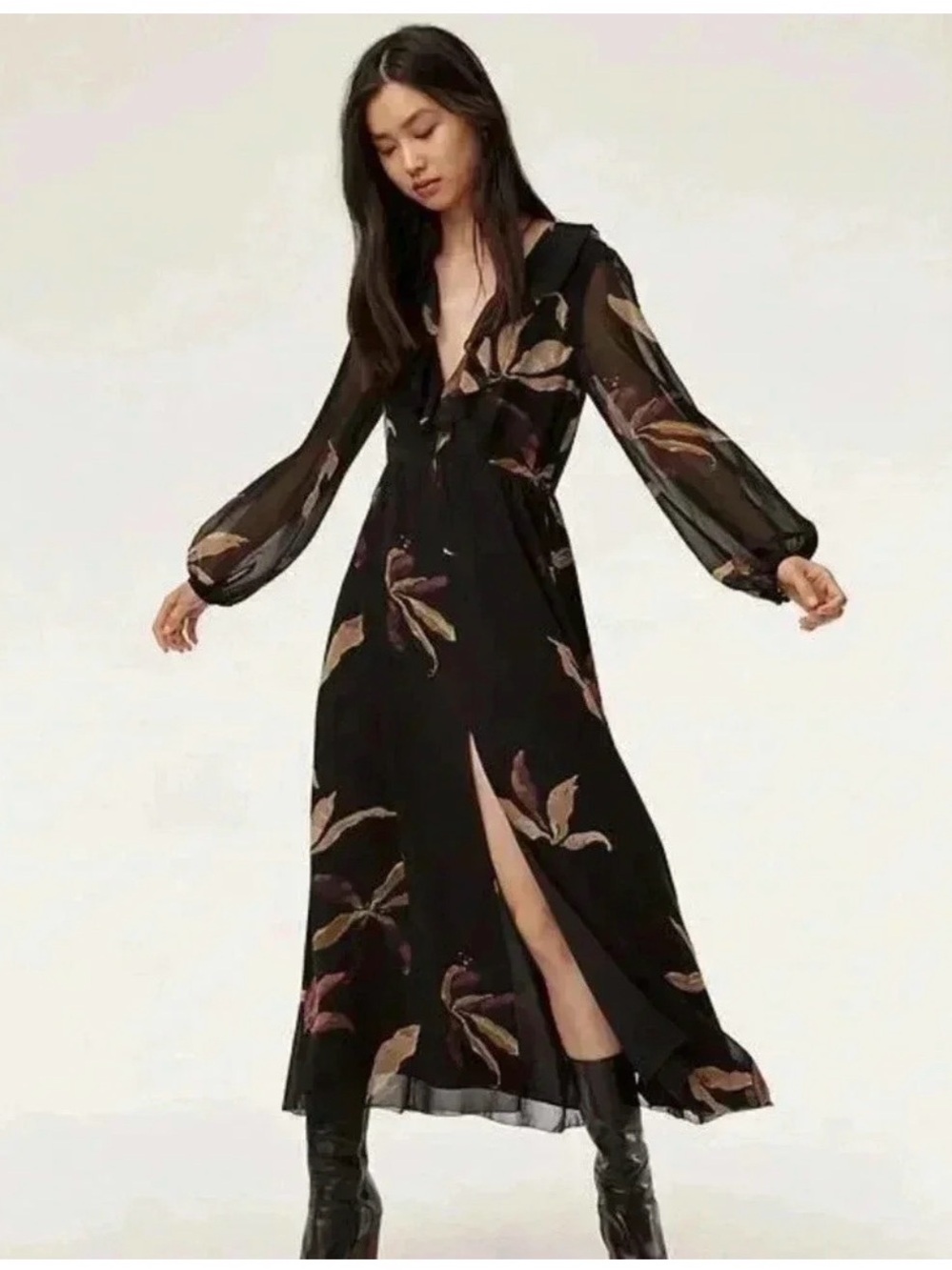 Wilfred Black Floral Maxi Dress with Beige and Pink Accents